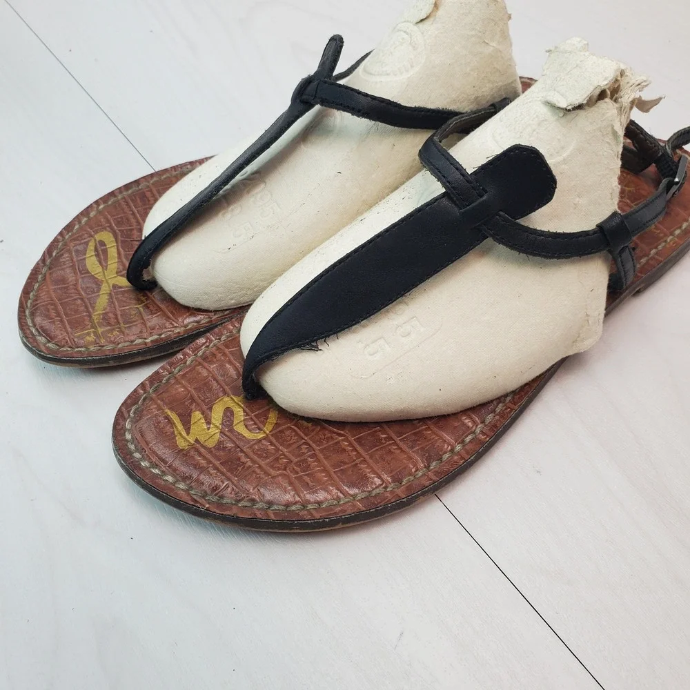 Sam Edelman Gigi Sandals Black Leather Croc Embossed Ankle Strap Women US 8
